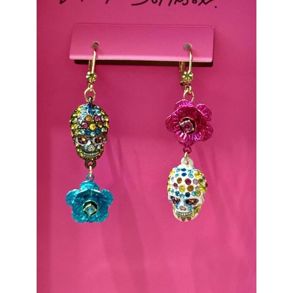 Betsey Johnson Multi-Color Crystal Sugar Skull & Rose Flower Mismatched Earrings